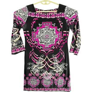 Style co Womens Dress Size S Black Purple White Long Sleeve Paisley Boho FLAW